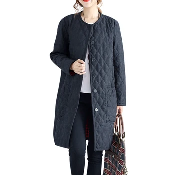 

plus size black cotton coat for women o-neck long-sleeved parkas coats slim long thin all match female outwear coat tops