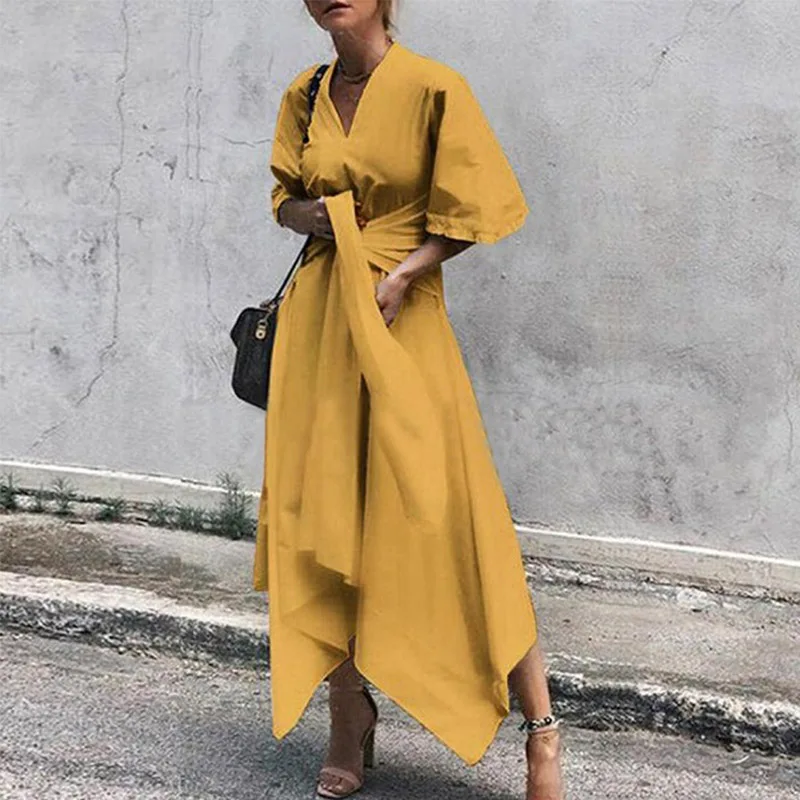 Yellow Elsvios сексуальное асимметричное длинное платье с v-образным вырезом и поясом осеннее женское элегантное платье макси с расклешенными рукавами Бандажное дамское вечернее платье vestidos - Цвет: Yellow