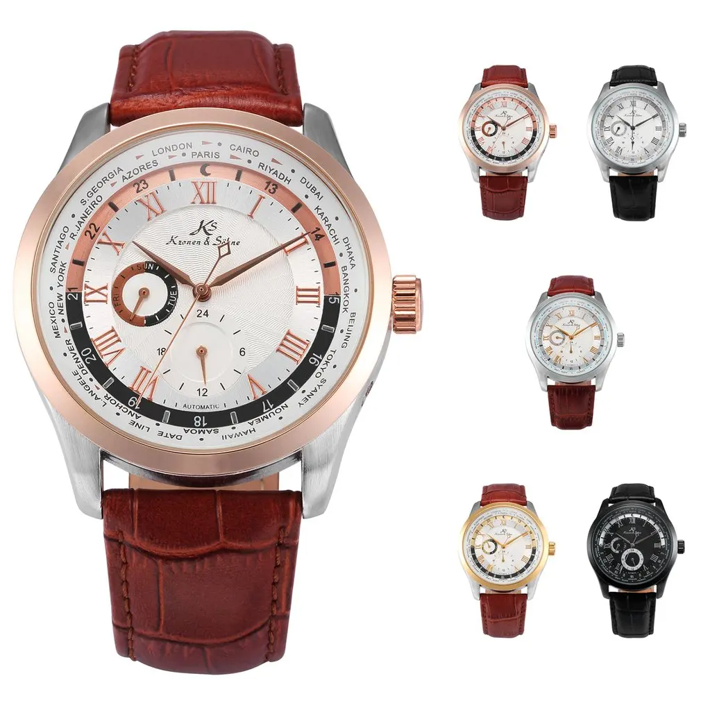 

Imperial KS Automatic Full Black 24 Hours Day Roman Analog masculino Relogio Leather Strap Business Mens Mechanical Watch /KS306