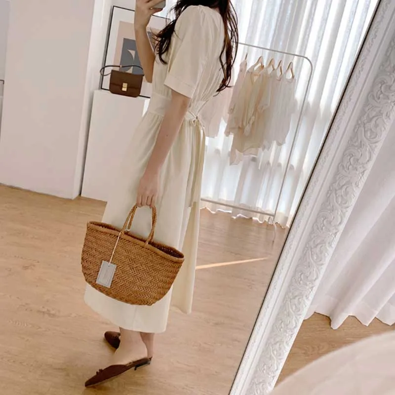 2020 Dress Women French Vintage V-Neck Single-Breasted Waist Dress Korean Elegant Party Plus Size Cotton Linen Dress Vestidos