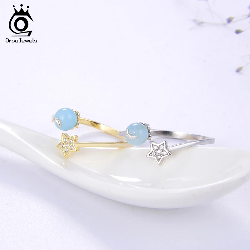 ORSA JEWELS чистое серебро 925 регулируемые кольца для женщин Аквамарин и АААА кубический циркон Звезда и Луна палец кольца ювелирные изделия SR141