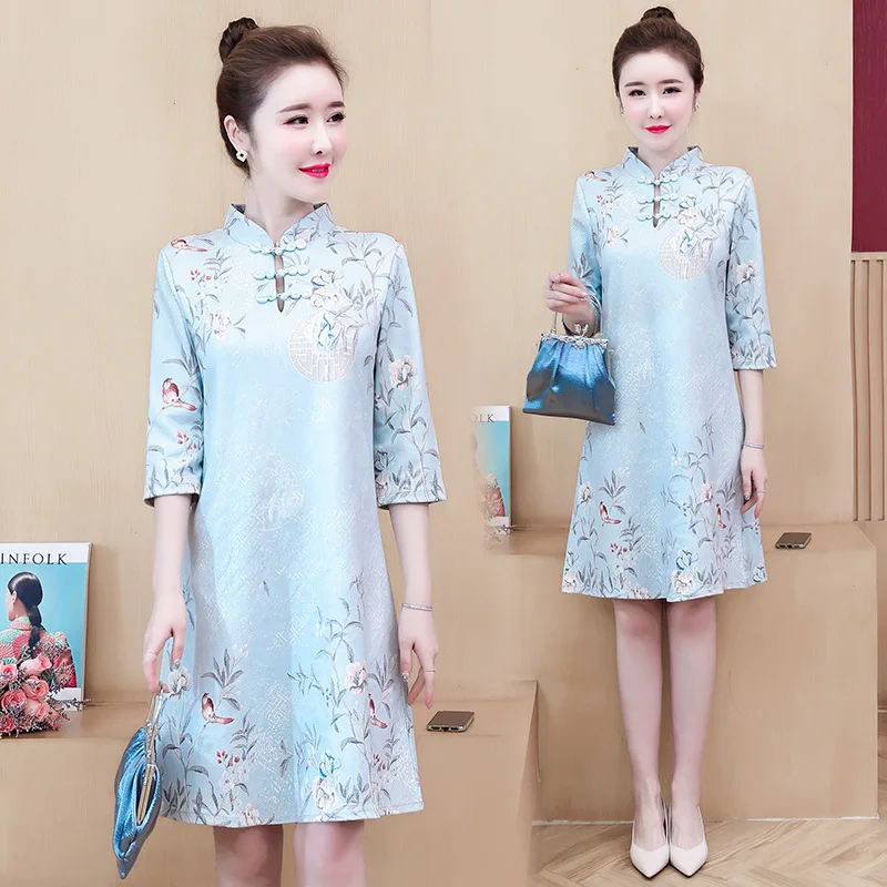 

Photo Shoot Large Size Dress 2020 Early Spring Fat Mm Ethnic-Style Vintage Improved Cheongsam Printed Dress