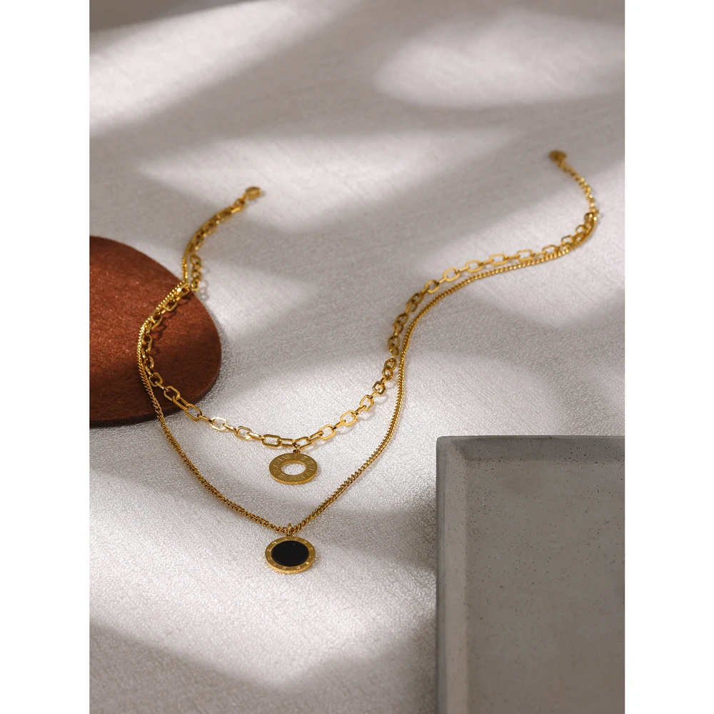 Fashion Double Sided Black White Shell Pendant Necklace Stainless Steel - Image 6