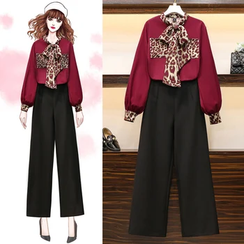 

2020 Spring New Women's Two-piece Set Korean Casual Leopard Bow Double Pocket Top + Wide-leg Pants Female Outfits Office Lady