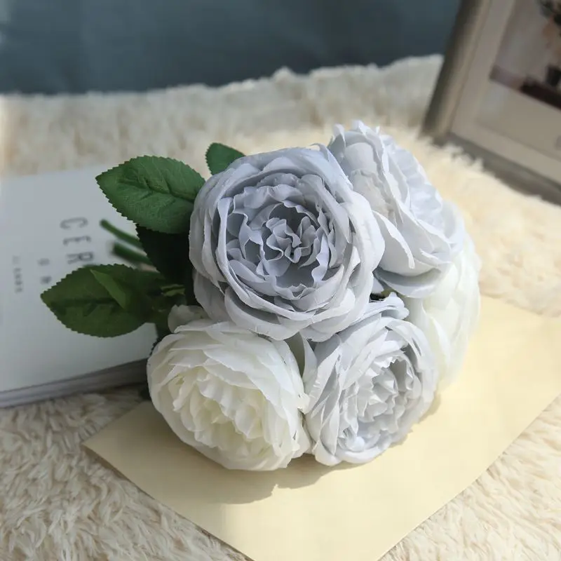 19 Цвета 8/9 шт. 12 шт./компл. 25x16 см искусственные цветы розы свадебные букет шелковых цветок DIY домашний Декор розовыми цветами - Цвет: 5pcs blue
