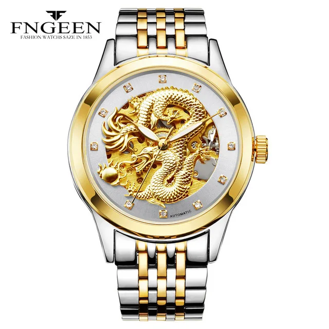 FNGEEN Skeleton Stainless Steel Strap Transparent Case Hollow Gold Mens Watches Top Brand Luxury Automatic Mechanical Clock - Цвет: 5