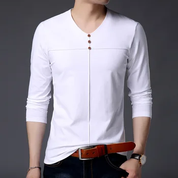 

Fashion Trendy Mens Tshirts Korean Style Full Long Sleeve Cotton Slim Fit V Neck T-Shirt Men T Shirt Male Clothing Tee Plus Size