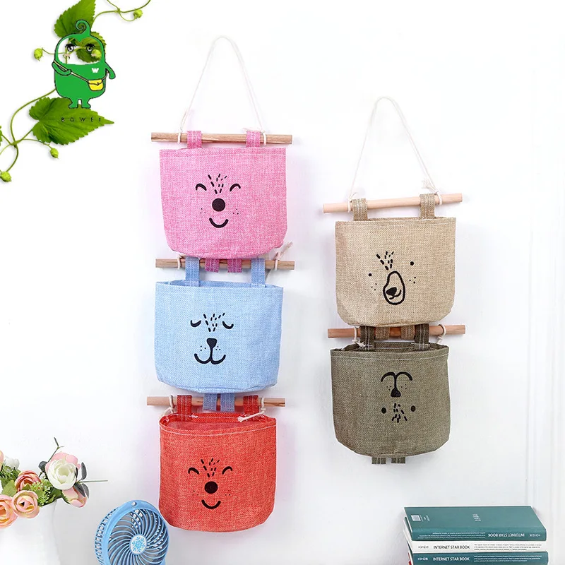6005 цветная льняная Одиночная карманная подвесная сумка для хранения, настенный мультяшный шкаф с мусором, карманная прикроватная настенная сумка для хранения
