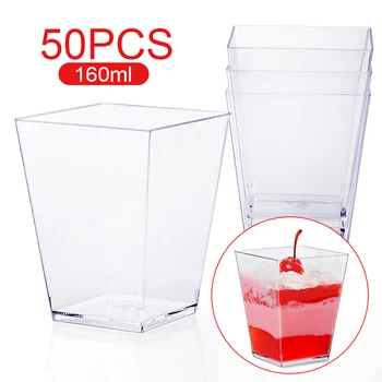 

50pcs 160ml 6oz Mini Square Dessert Cup Cube Trapezoid Dish Tray Cake Sauce Pudding Cups Party Kitchen Accessories