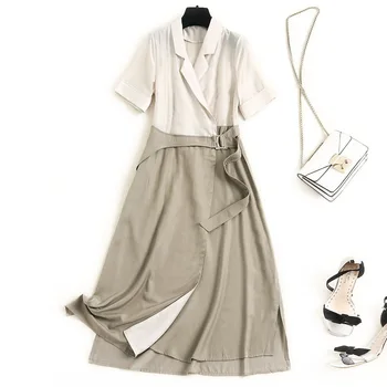 

Newest Womens Designer Dresses Office Lady Tencel/Lyocell Patchwork Mid-Calf Lace Up Elegant Dresses for Women summer