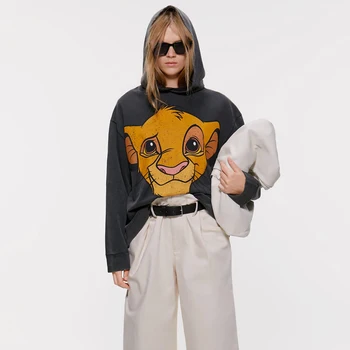 

ZA with the Autumn and Winter Sweatshirt Women's New Lion Print Hooded Pullover Loose Long-sleeved Wild Sweatshirt