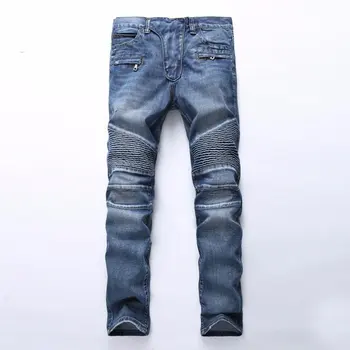 

New 2020 Punk Street Men Pleated Jeans Slim Fit Hip Hop Denim Trousers High Quality Motorcycle Pants Plus Size 27-42