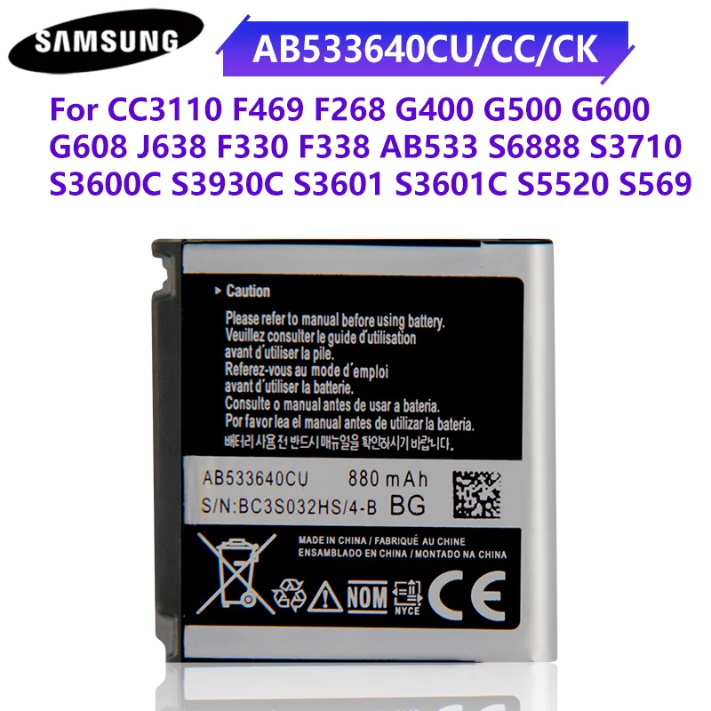 Оригинальный мобильный телефон батарея AB533640CC для Samsung C3110 S3710 G400 G500 F469 F268 G600 3600c