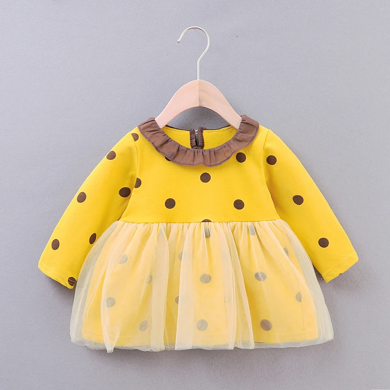 Весна для маленьких девочек, новая одежда с отложным воротником с длинными рукавами с узором в горошек платье с декоративными вставками Детские платья для девочек - Цвет: yellow