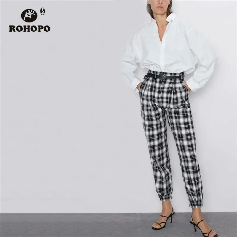 

ROHOPO High Waist Metal Buckle Belted Plaid Pencil Pant Side Welted Pockets Chic Ladies Autumn Full Length Trousers #1323