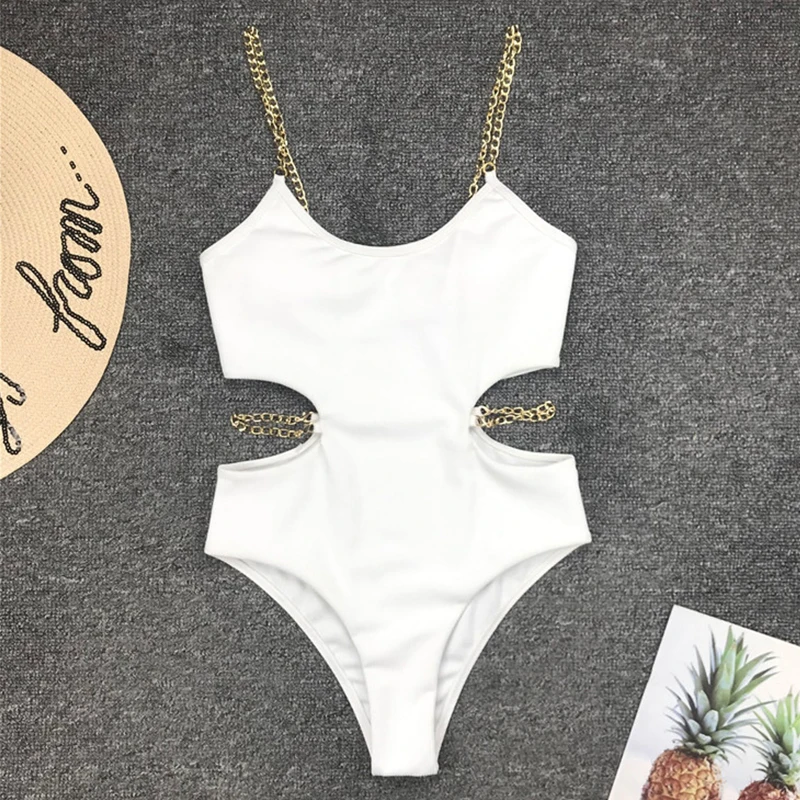 Sexy Ribbed one piece swimsuit female Ring chain bodysuits monokini Hollow out swimwear women HIgh cut bathers bathing suit new