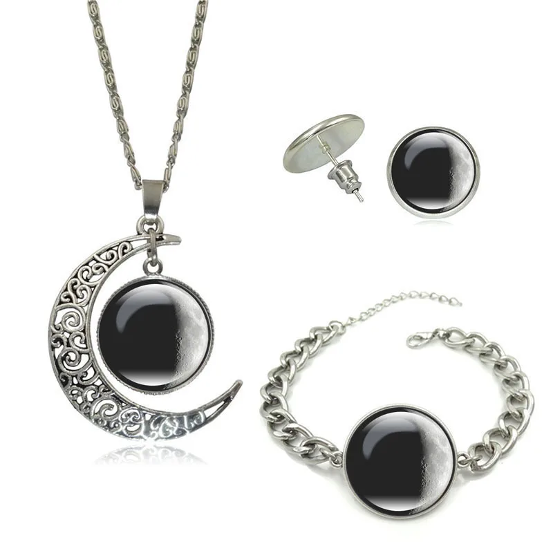 

Hot Sales Galaxy Planet Time Stone Glass Necklace Bracelets Ear Stud Ornament Set