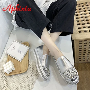 Aphixta Crystals Round Toe Leather Flats Shoes Women Silver Bling Loafers Couple Platform Shoes Woman Flat With Students Size 43 6