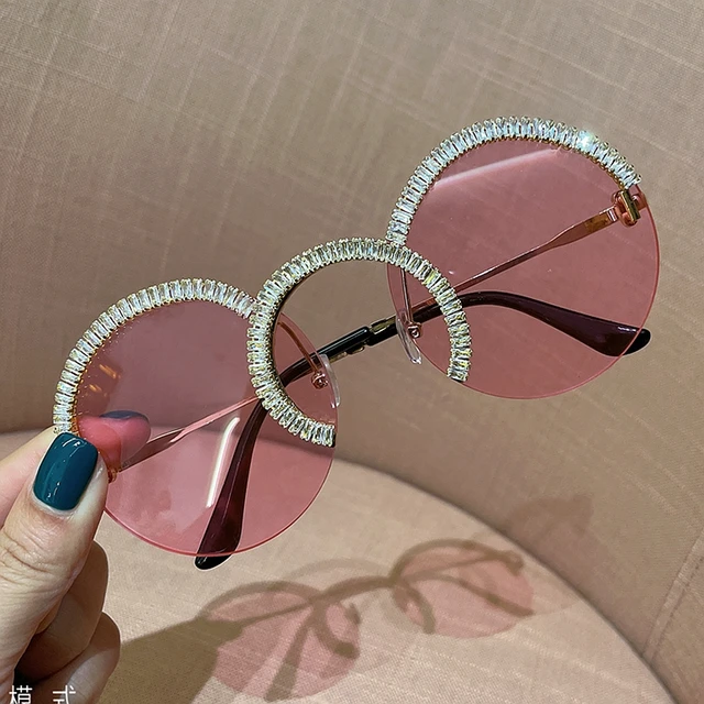 Zircon oversized sunglasses 2020 luxury Round sun glasses women Clear lens Eyeglasses Shades For Women  oculos feminino Pink