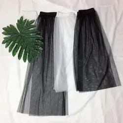 korean women summer high waist mesh a line beach skirt tulle skirts womens Ladies sexy midi gothic black skirt jupe femme