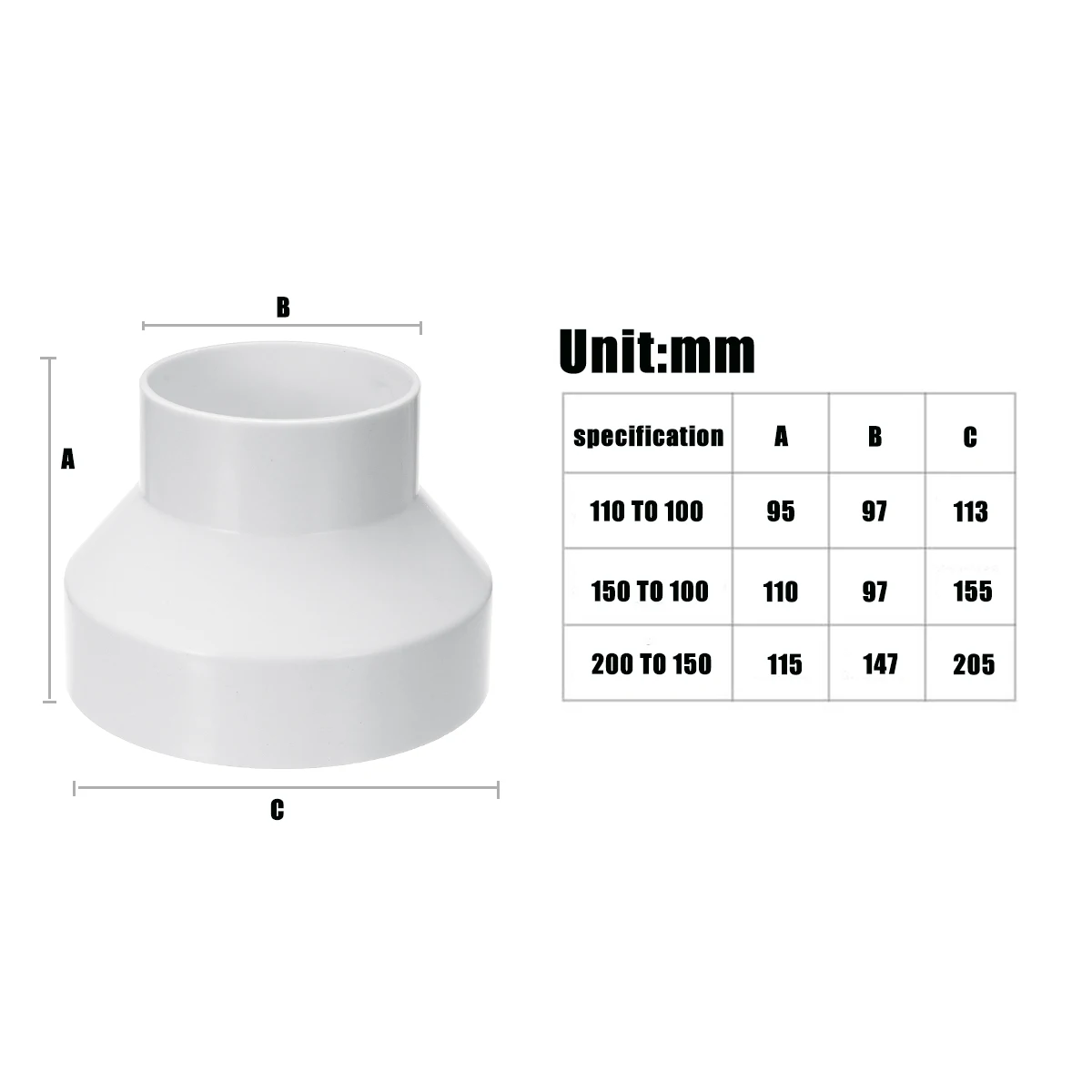 

Ventilation Pipe Reducer Adapter Pipe Fittings 110 to 100 / 150 to 100 / 200 to 150 ABS