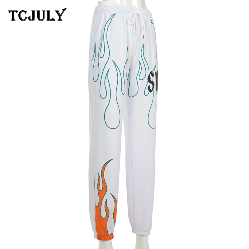 TCJULY Fashionable Flame Letter Printed Harem Pants High Waisted Drawstring Joggers Trousers Women Streetwear Casual White Pants