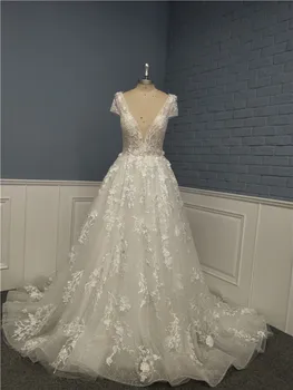 

Real Sample Delicate Lace A Line Wedding Dress 2019 Short Sleeve Elegant Garden Wedding Gowns For Bride Vestido de noiva