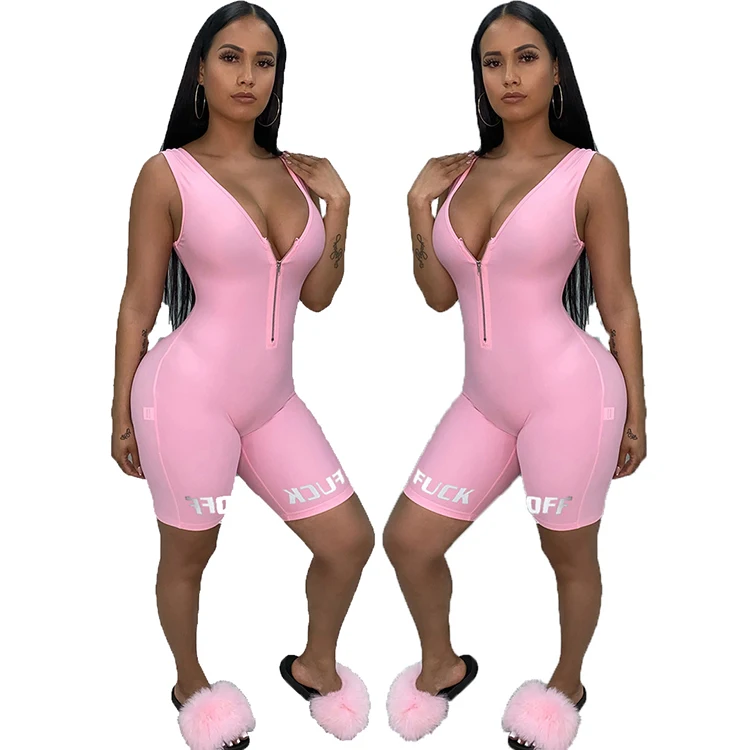 0420M104 Sexy Summer Sports Custom Bodycon Jogger Jumpsuits Zip Letter Solid Sleeveless Casual Short One Piece Romper For Woman