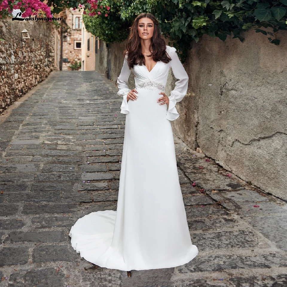 

Sexy Mermaid Satin Dress Wedding Boho Long Sleeve Bridal Gown 2020 Robe de Mariee Boheme Backless V-neck Beach Wedding Dress