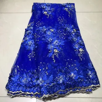 

Blue High Quality 2019 Tulle French Lace Pearls Fabrics 3D Embroidered African Nigerian Lace Fabric For Party Dress
