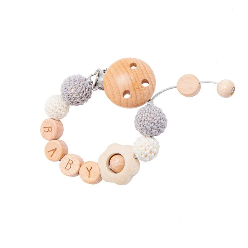 1pc Baby Schnuller Kette Blume Schnuller Clips Häkeln Perlen Holz Nippel halter personal isierte Alphabet Perlen Baby Beiß kette – Detail 9