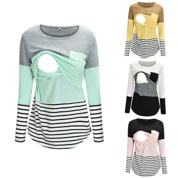 

2019 Ladies Women Pregnant Maternity Nursing Tops Mom Breastfeeding T-Shirt Long Sleeve Pacthwork Striped Casual Top Outfits