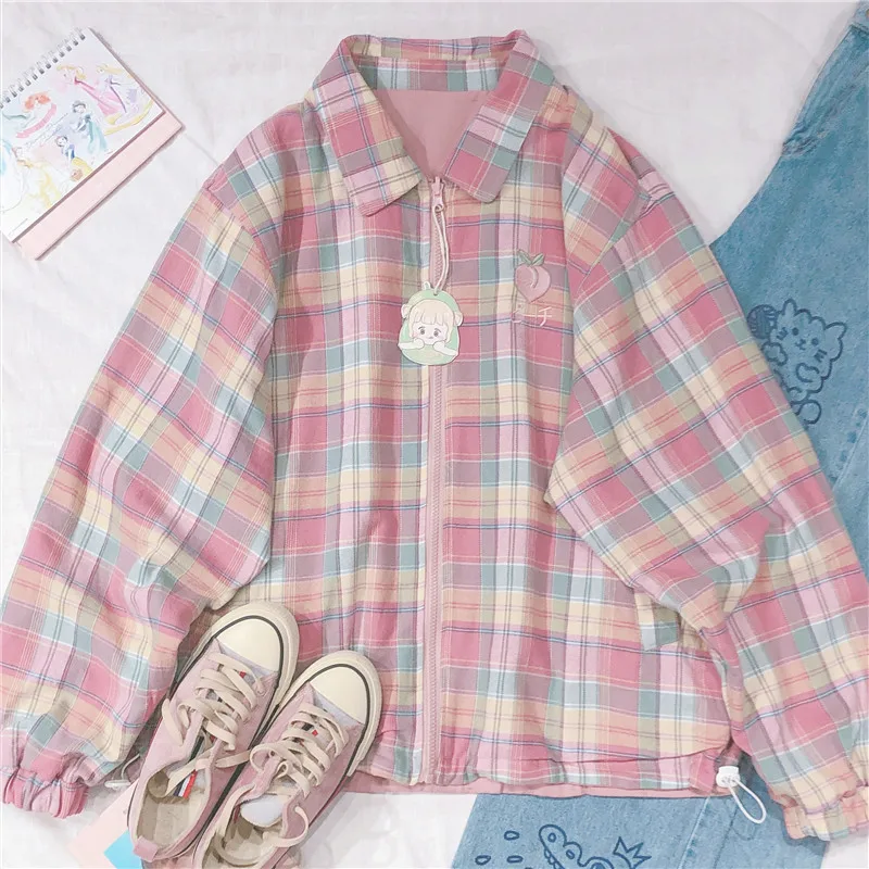 

New Kawaii Peach Embroidery Rainbow Jackets Plaid Coat Autumn Harajuku Loose Pink Women Jacket Tops You Can Wear On Both Sides