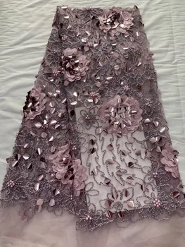 

2020 New Embroidered Tulle Lace Fabric, Pearls Lace Applique Fabric for Wedding, African 3D Flower Lace Fabric High Quality