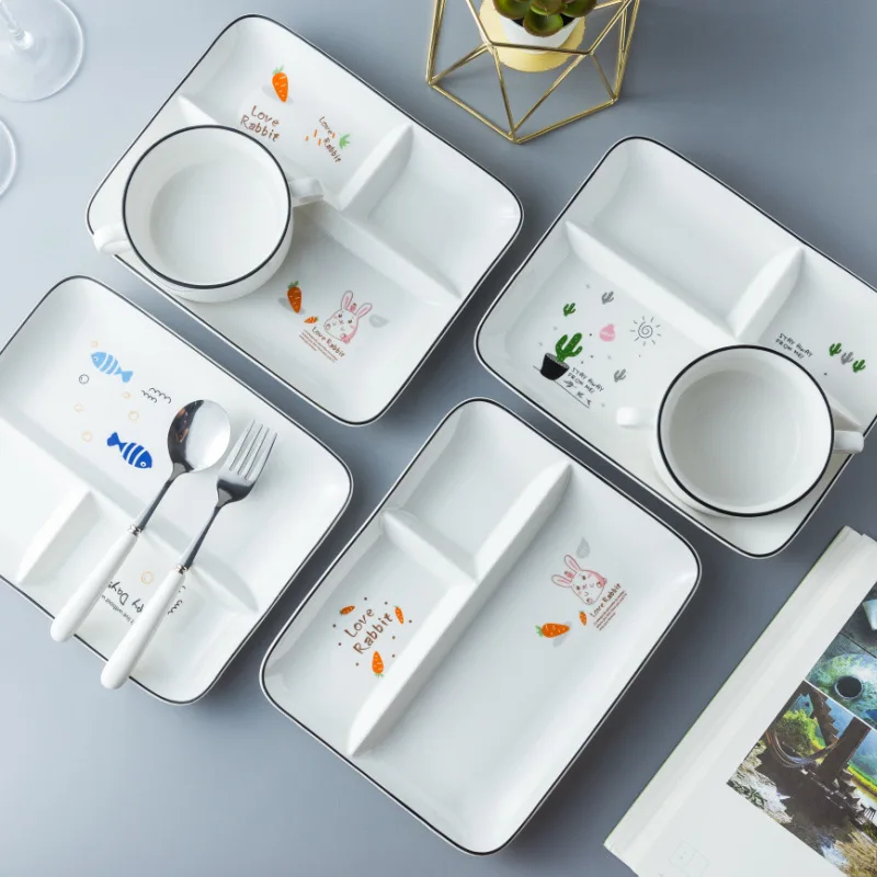 Students Eating Three-lattice Plate Children fen ge pan One Person Food Breakfast Tableware Restaurant Canteen Snack Plate Ceram