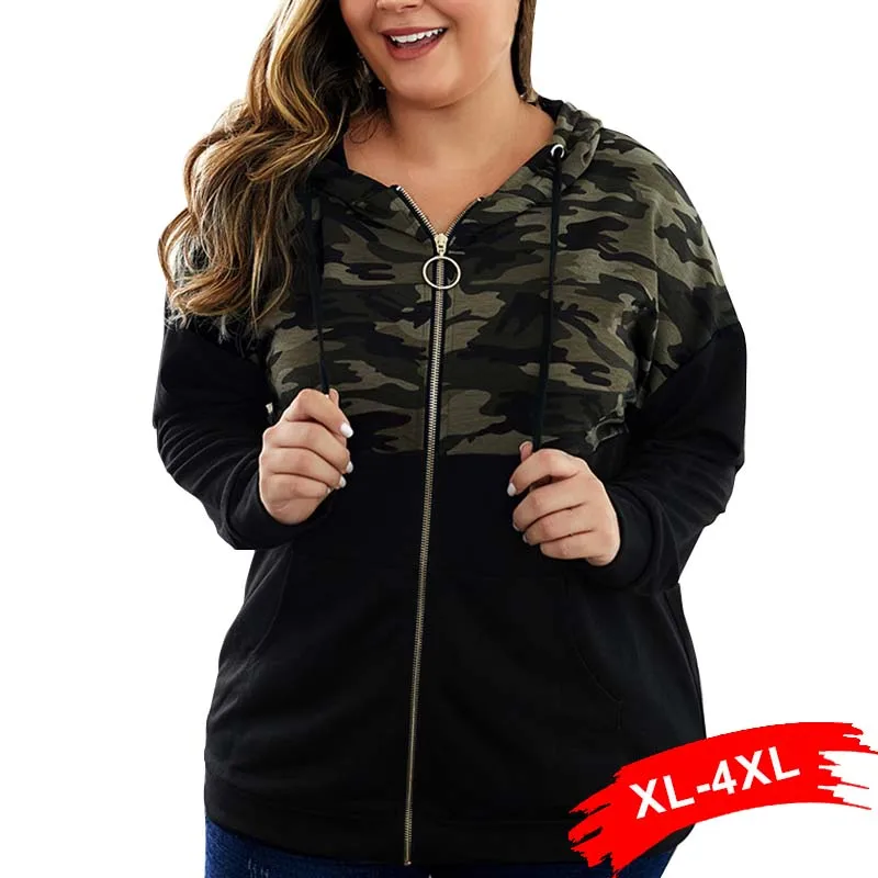 

Plus Size Zipper Cardigans Hooded Camouflage Patchworked Pockets Casual Loose Tops 4XL Autumn Harajuku Thick Winter Outwear