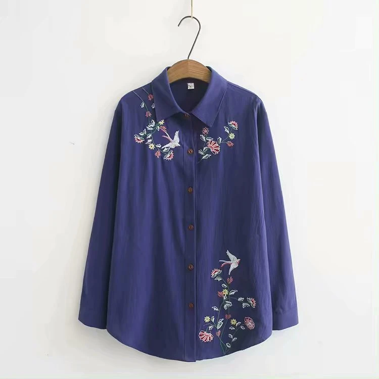 

Plus Size Women's Long Sleeved Blouse Linen Floral Embroidery Officewear Blusas Casual Tops