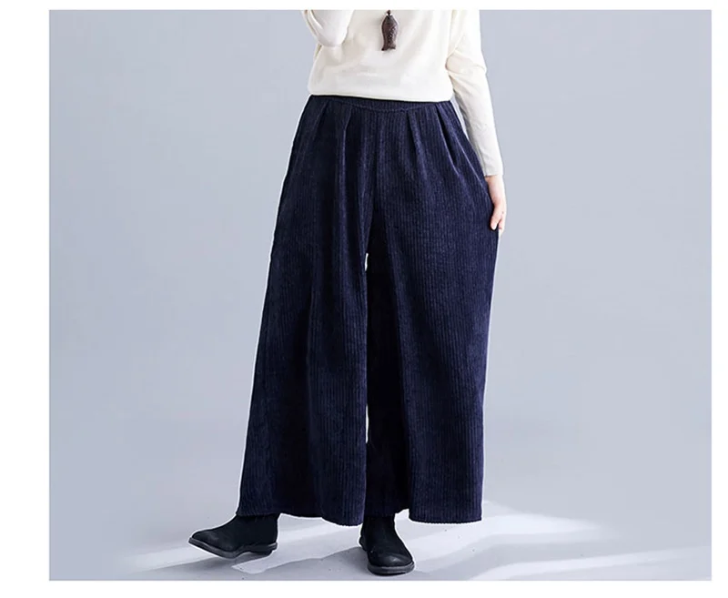 Mferlier Autumn New Corduroy Pants Women Solid Elastic High Waist Navy Blue Purple Brown Ladies Stylish Slim Wide Leg Pants