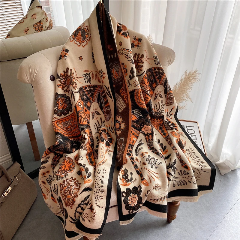 

2022 Scarf Women Winter Cashmere Echarpe Thick Shawls Wraps Female Warm Pashmina Poncho Design Print Bufanda Stoles Blanket