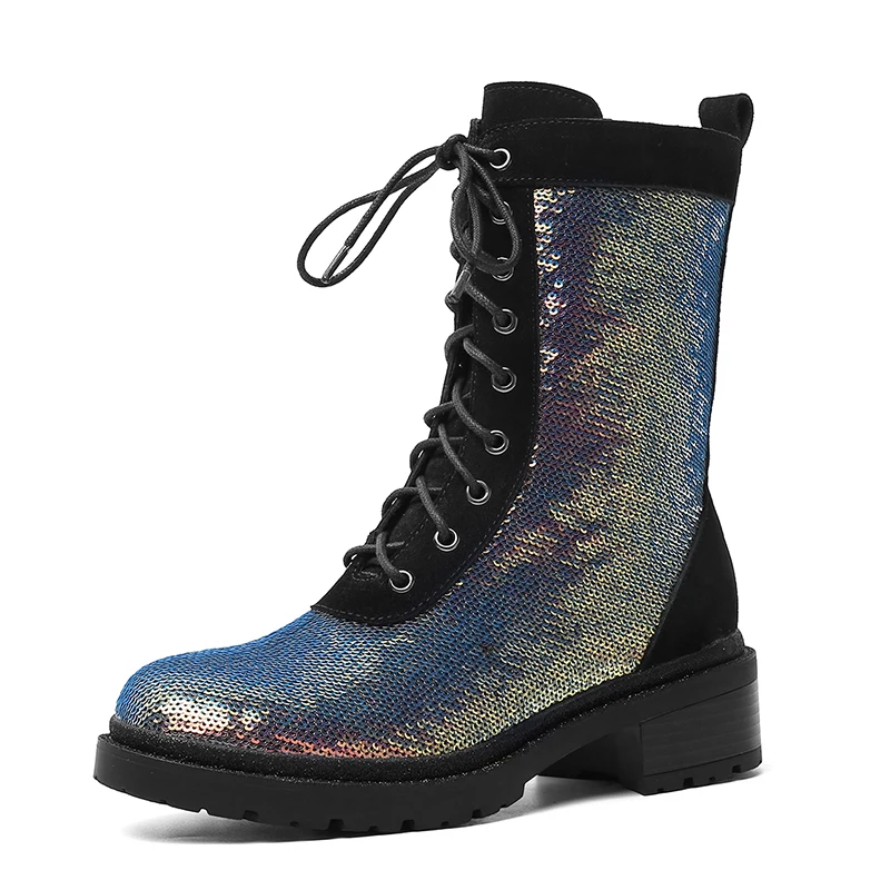 colorful shoes Gdgydh/ботинки до середины икры на шнуровке; ботинки на платформе и каблуке; женские пикантные кожаные мотоботы с круглым носком и блестками; сезон осень-зима; блочный каблук - Цвет: colorful shoes