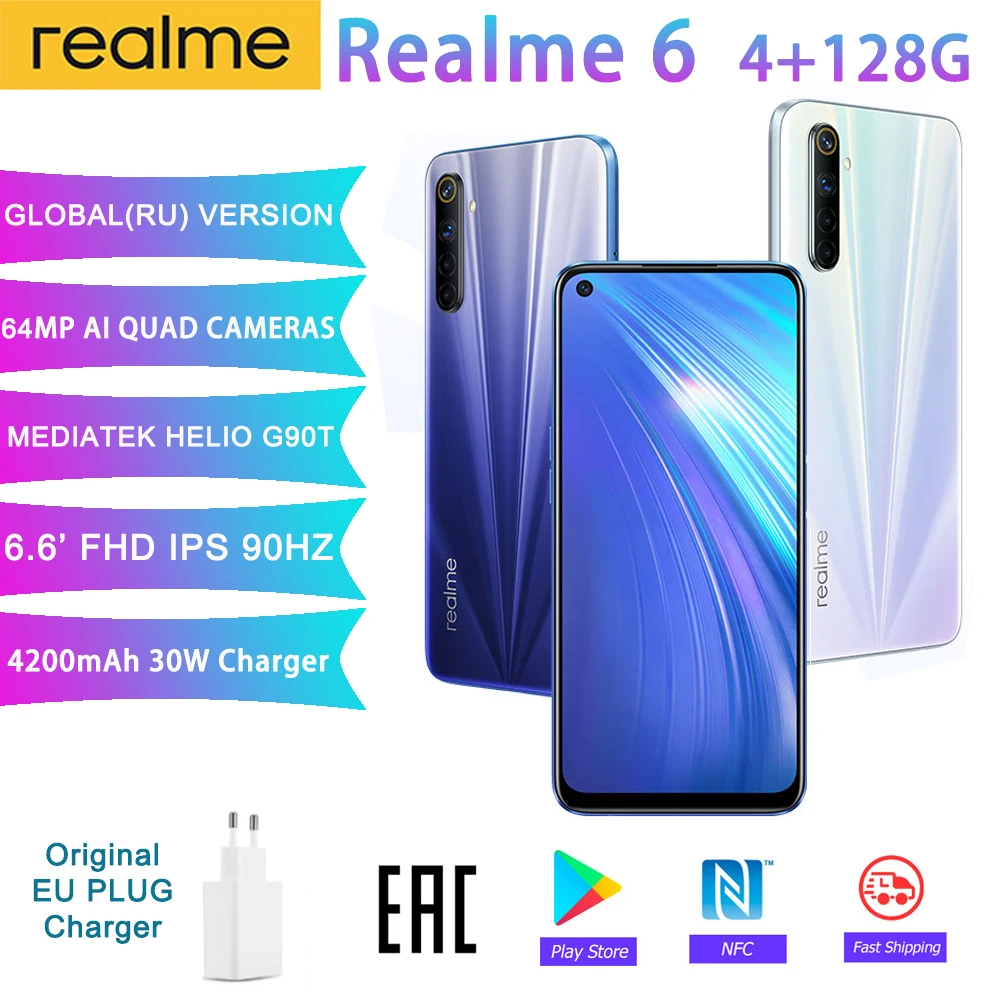  Realme 6 глобальная версия 4GB 128GB мобильный телефон 90Hz дисплей Helio G90T смартфон 30W флэш-зарядка 4300mAh 64MP камера Сотовый телефон 