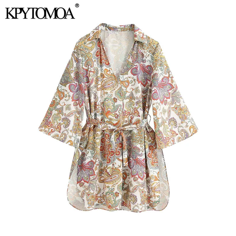 KPYTOMOA Women 2020 Chic Fashion With Belt Print Mini Dress Vintage Three Quarter Sleeve Side Vents Female Dresses Vestidos KPYTOMOA Women 2020 Chic Fashion With Belt Print Mini Dress Vintage Three Quarter Sleeve Side Vents Female Dresses Vestidos
