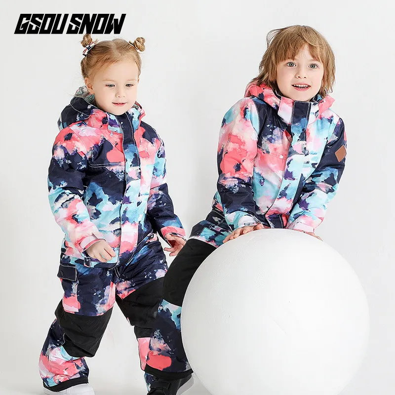 GSOU зимний детский лыжный костюм цельная одежда ветрозащитная Водонепроницаемая зимняя куртка комбинезон для девочек и мальчиков сноуборд костюм детский спортивный
