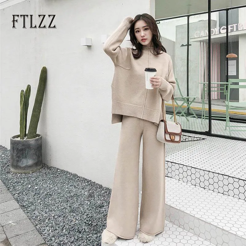 

Fashion Woman Streetwear Knitted Tracksuit Suit Spring Autumn New Women Pullover Sweater+ Wide Leg Pants Knit Solid Solid Outfit