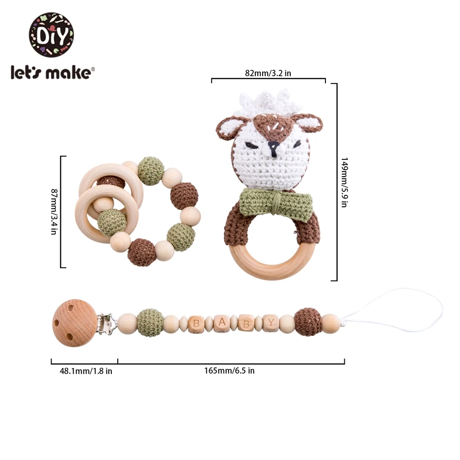 Let's Make Food Grade Silicone Wooden Teether Baby Pacifier Chain Pram Crib DIY Customized Soother Baby Teether Rattle Set Toys