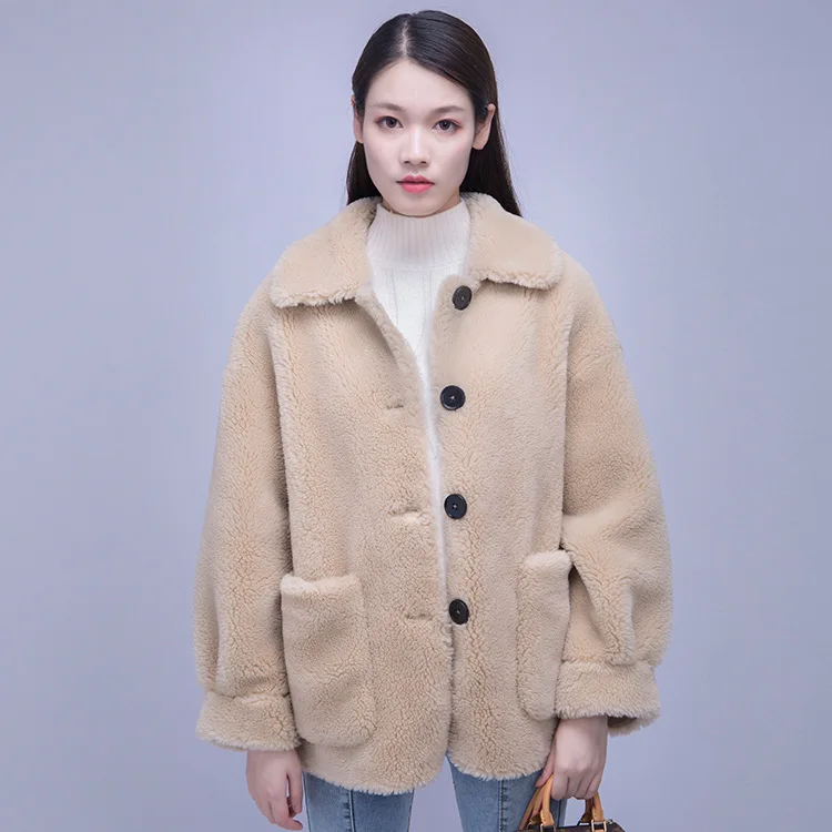 Beige Пальто из натурального меха шерстяная куртка винтажное осенне-зимнее пальто женская одежда корейская овечья овчина Топы манто Femme YY1773 - Цвет: Beige