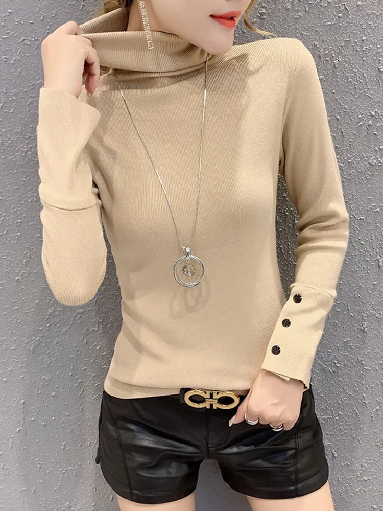 

2019 Korean Style Small Fresh Solid Color Turtleneck Long-sleeved Sweater Women Autumn Fashion Tight-fitting Black Knit Pullover