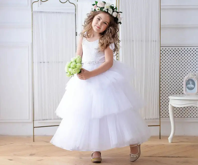 White flower girl dress tulle Junior bridesmaid dress Ivory flower girl dress Toddler lace dress Birthday dress Girl formal dress Baby dress