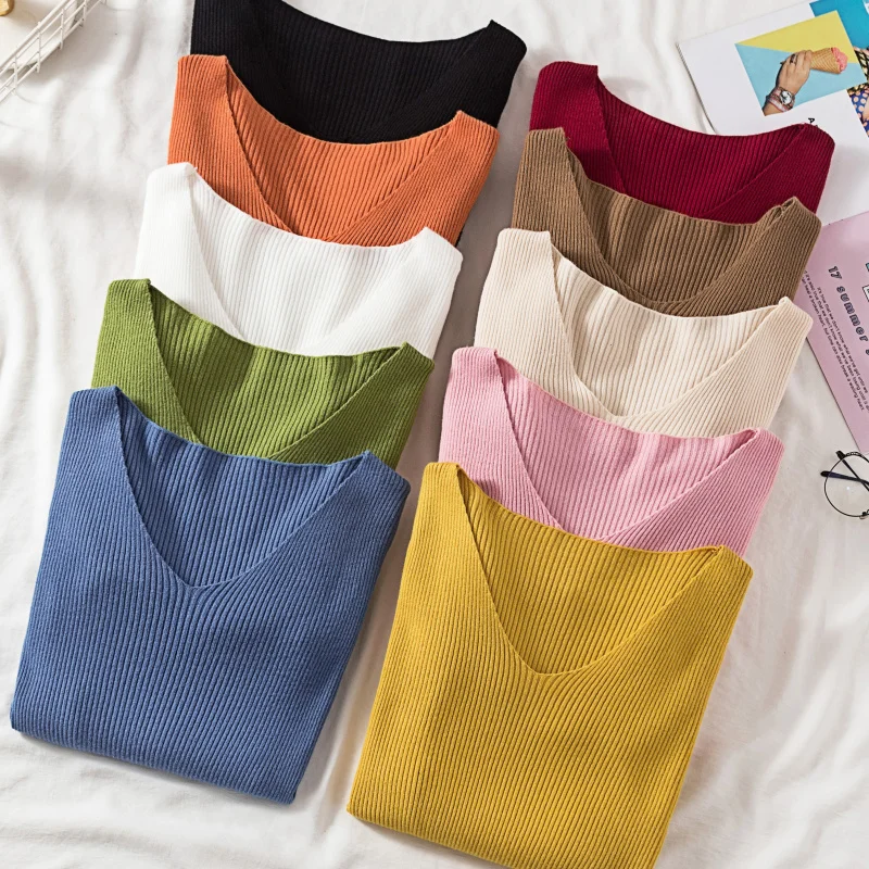 

Autumn Sweater Women Pullover Elastic Knitted Jumper Long Sleeve V-neck Slim thin ice silk sweater Female Tops Knitwear Mujer