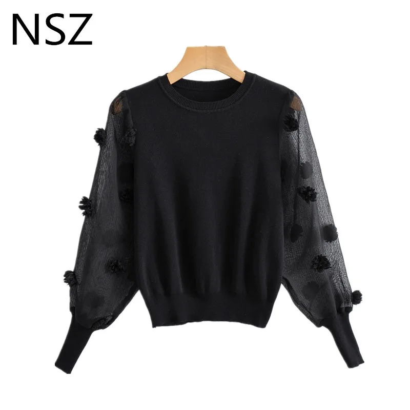 NSZ женский черный свитер прозрачный рукав трикотаж Модный укороченный вязаный женский обтягивающий пуловер Джемпер - Цвет: Черный